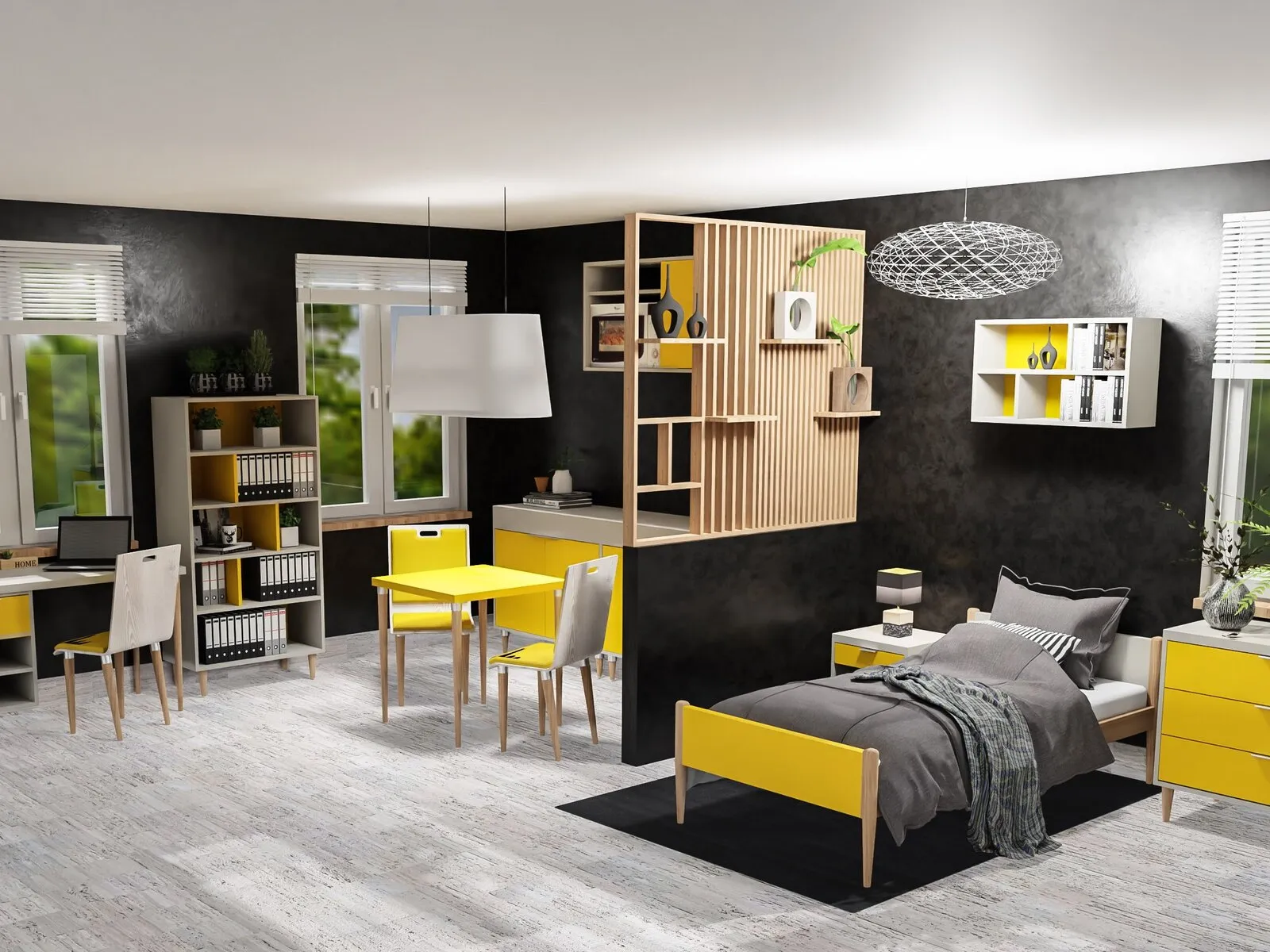 Chambre-studio d'hébergement meublée : coin bureau, table de repas et lit