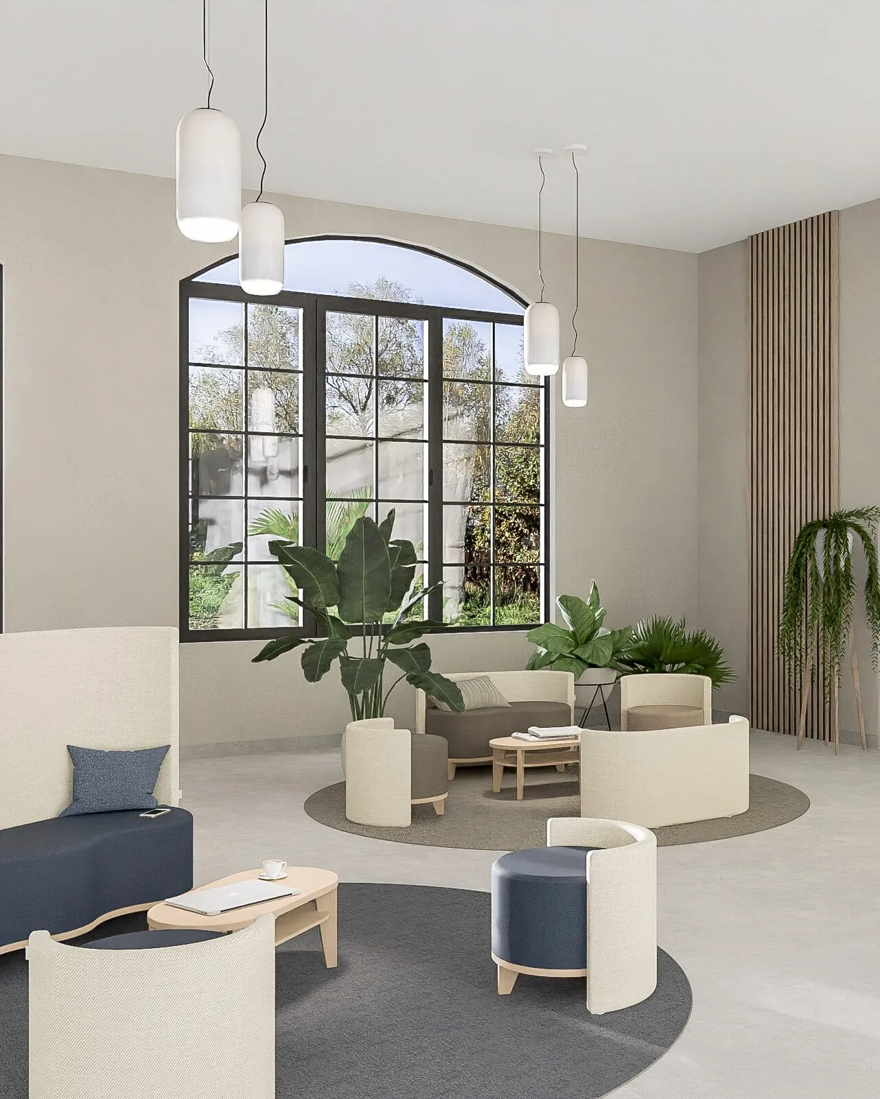 Salon d'accueil lumineux : banquettes, fauteuils et tables basses sous une grande fenêtre en arc