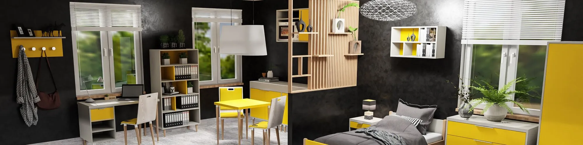 Chambre-studio d'hébergement meublée : coin bureau, table de repas et lit