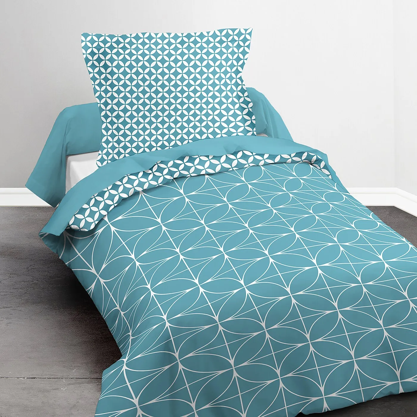 Parure de lit professionnelle turquoise à motif géométrique